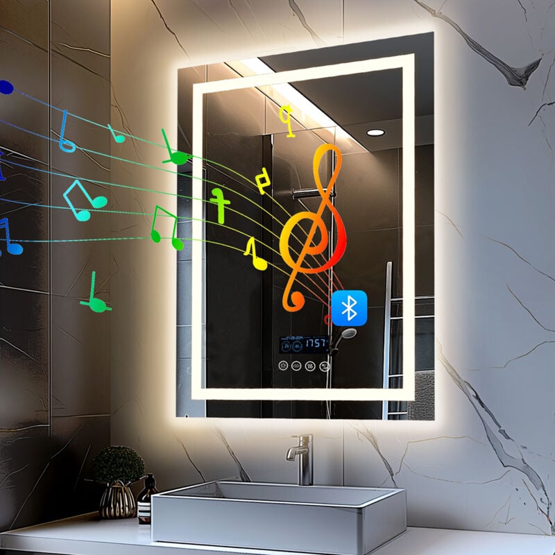 Miroir Salle de Bain LED Bluetooth - 70×90cm Miroir lumineux de salle de bain Regtanglaire Anti Buée, Affichage de L'heure et Température, Miroir