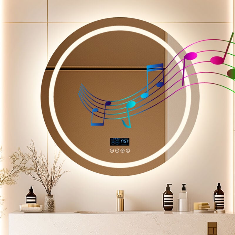 Miroir Salle de Bain led Bluetooth - 80×80cm Miroir lumineux de salle de bain Rond Anti Buée, Affichage de L'heure et Température, Miroir Cosmétique