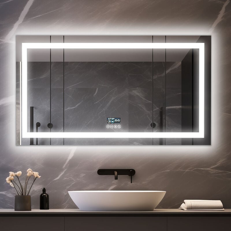 Miroir Salle de Bain led Bluetooth - 100×60cm Miroir lumineux de salle de bain Regtanglaire Anti Buée, Affichage de L'heure et Température, Miroir