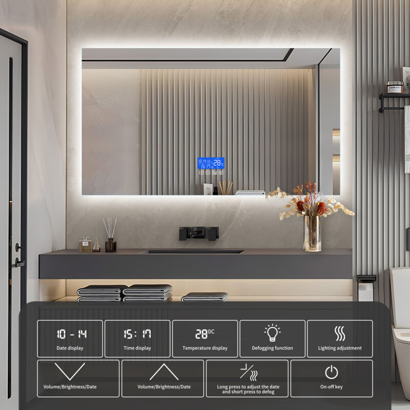 Fortuna Lai - Miroir Salle de Bain led - Miroir Mural avec Affichage Horloge& Température Anti Buée 3 Luminosités, Sans Cadre - Rectangle 60x120cm