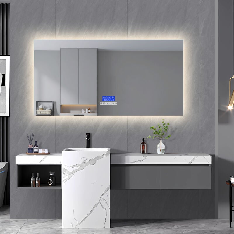 Fortuna Lai - Miroir Salle de Bain led - Miroir Mural avec Bluetooth, Affichage Horloge& Température Anti Buée 3 Luminosités, Sans Cadre - Rectangle
