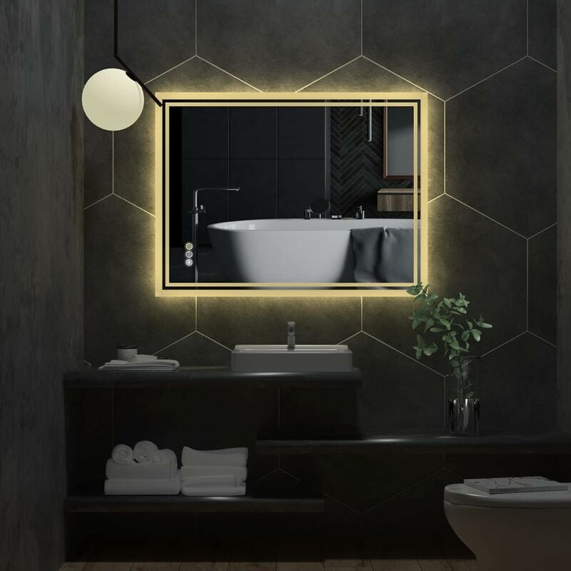 Miroir Salle de Bain LED - Miroir Mural Salle de Bain Lumineux Anti-Buée Horizontal / Vertical avec Eclairage Interrupteur Tactile pour Maquillage
