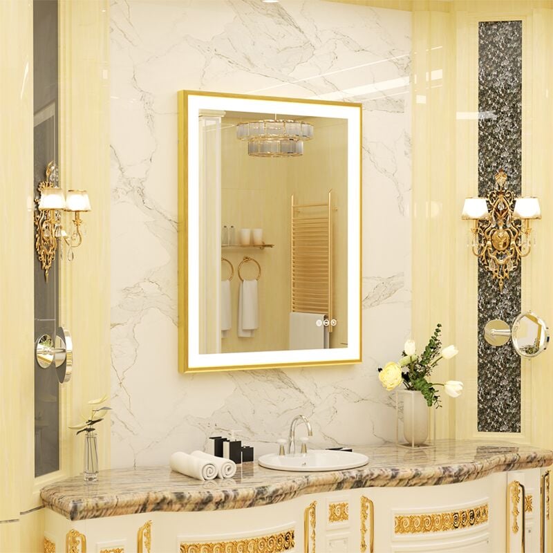 Miroir Mural Salle de Bain led Anti-Buée Cadre Complet Finition Givrée avec Interrupteur Tactile pour Maquillage Rasage - Doré 80 x 60 cm