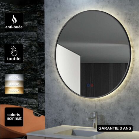 Miroir Salle de Bain LED Rétro-éclairé Réglable Ø60cm - Noir Mat - Commandes Tactiles & Anti-Buée - FUN LEDIMEX