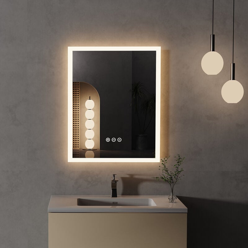 Miroir Salle de Bain Lumineux - Miroir Mural led Salle de Bain Anti-Buée avec Eclairage Interrupteur Tactile - 50 x 40 cm