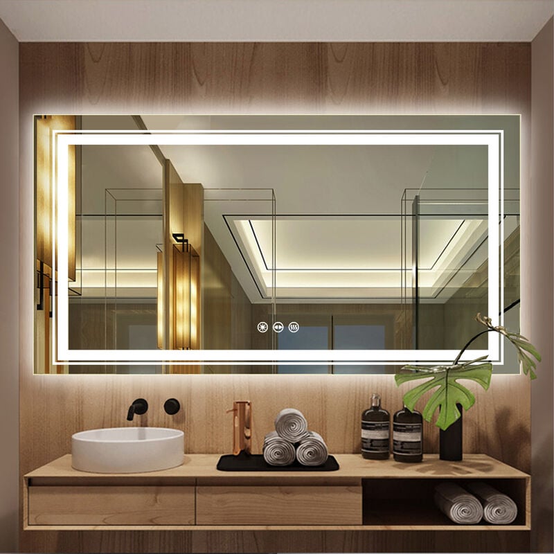Miroir Salle de Bain Lumineux - Miroir Mural led Salle de Bain Doubles Bandes led Anti-Buée avec Eclairage Interrupteur Tactile - 100 x 60 cm