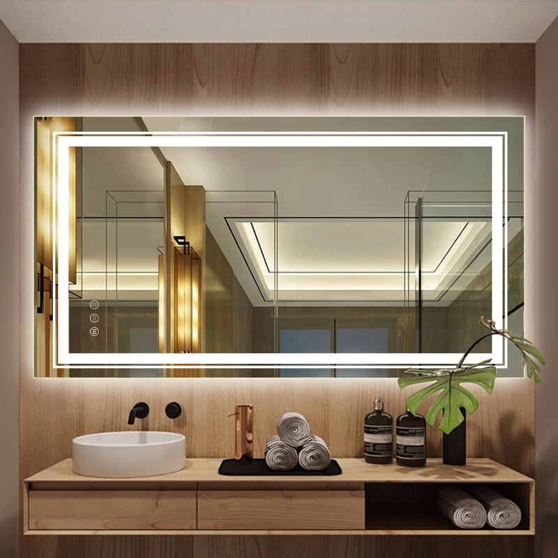 Miroir Salle de Bain Lumineux - Miroir Mural LED Salle de Bain Doubles Bandes LED Anti-Buée avec Eclairage Interrupteur Tactile - 70 x 50 cm