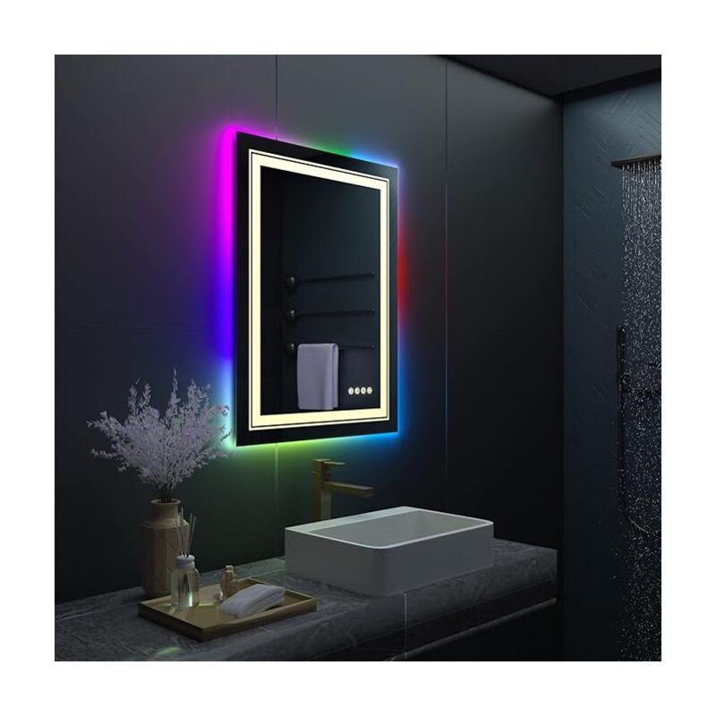 Miroir Salle de Bain Lumineux Mural led rgb avec Eclairage Integre Anti buee Miroir Mural Multicolore avec Interrupteur Tactile 9 Mode d'Eclairage