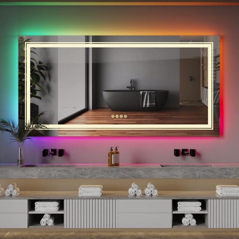Miroir Salle de Bain Lumineux Mural LED RGB avec Eclairage Integre Anti buee Miroir Mural Multicolore avec Interrupteur Tactile 9 Mode d'Eclairage