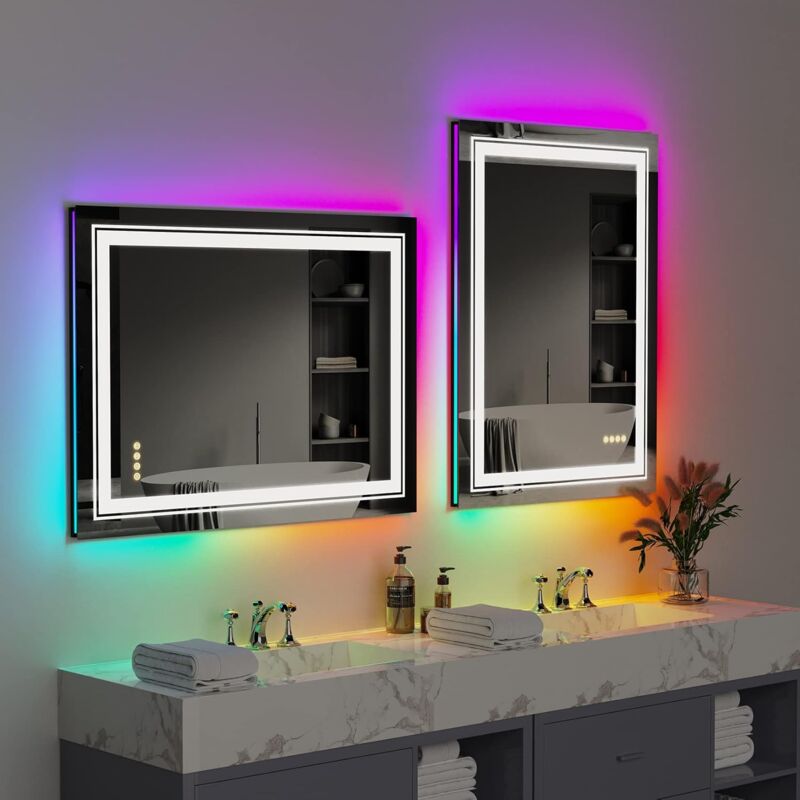 Miroir Salle de Bain Lumineux Mural led rgb avec Eclairage Integre Anti buee Miroir Mural Multicolore avec Interrupteur Tactile 9 Mode d'Eclairage