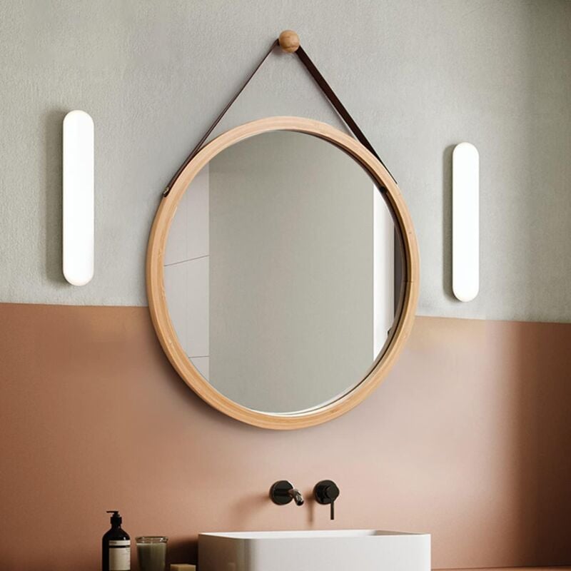 Miroir Salle de Bain Mural Rond 35cm Miroir Décoration avec Cadre en Bois, Chambre ou Dressing