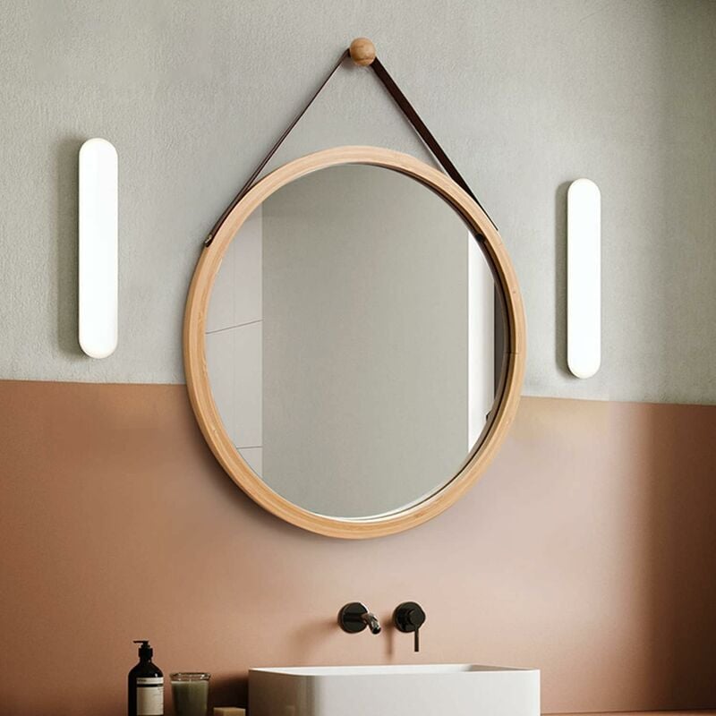 Miroir Salle de Bain Mural Rond 45cm Miroir Décoration avec Cadre en Bois avec Crochet , Chambre ou Dressing