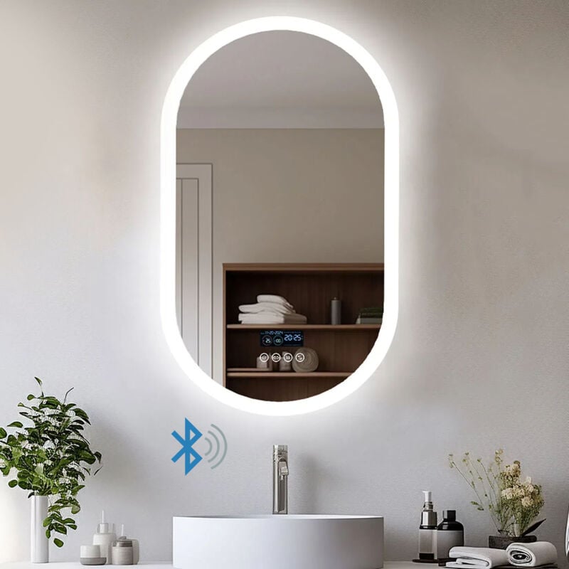 Miroir Salle de Bain Oval Bluetooth - 80×50cm Miroir lumineux de salle de bain led Anti Buée avec Haut-parleur, Affichage Digital, Mémoire Fonction,
