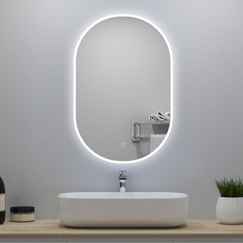 Miroir Salle de Bain ovale l.45 x H.75cm avec Anti-buée + 3 Couleurs + Dimmable, Mural Miroir lumineux