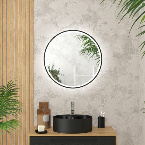 Miroir salle de bain ROND avec élcairage LED et contour noir - disponible en plusieurs tailles