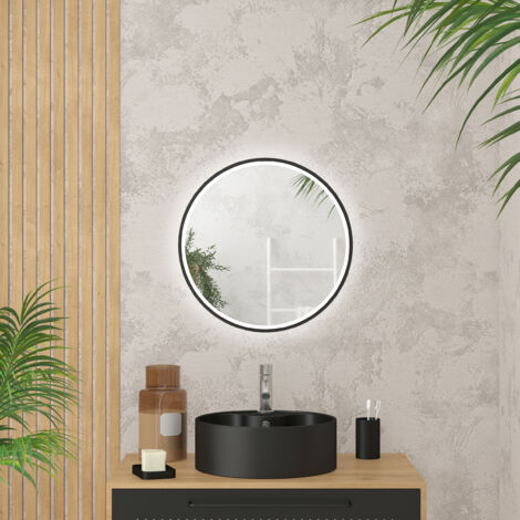 Aurlane – Miroir lumineux de salle de bain rond 50 cm – Éclairage LED lumière du jour 4000K – Cadre en aluminium noir – Installation facile