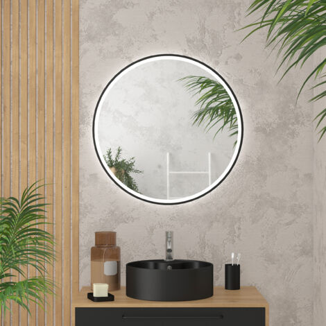 Aurlane – Miroir lumineux de salle de bain rond 70 cm – Éclairage LED 4000K – Verre trempé 3,6 mm – Protection IP24 – Installation réversible