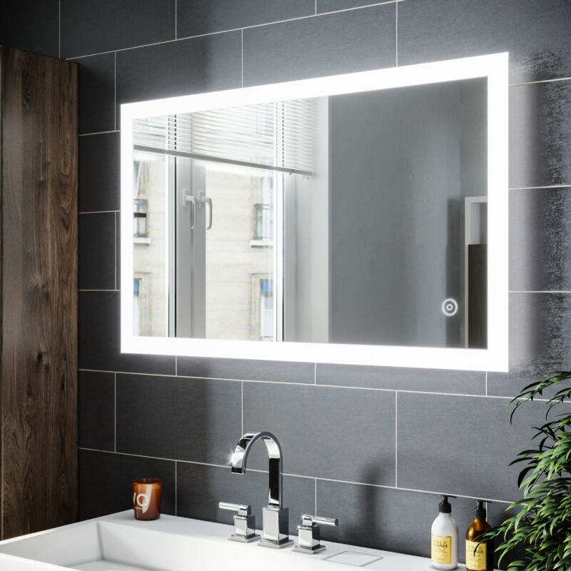 Miroir salle de bains led Miroir Cosmétiques Modèle Carré Miroir Mural Lumière Blanc Froid avec Interrupteur Touch 100x60 cm