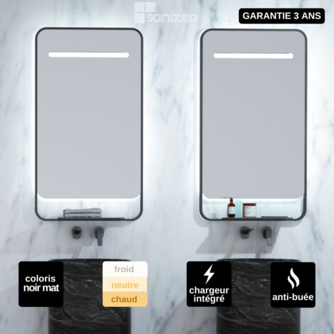 Miroir Salle de Bains Lumineux CONCEPT Anti-Buée et Éclairage Périmétral Triled Chargeur Induction Noir Mat 80x90cm by SANIZÉO