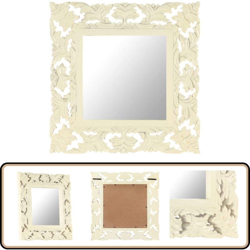 Vidaxl - Miroir sculpté à la main Blanc 50x50 cm Bois de manguier massif - Miroir Décoratif - Miroir Mural - Miroir Design - Miroir Bois - Miroir