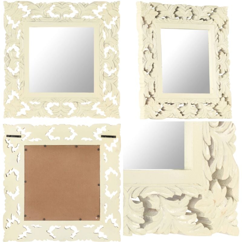 Miroir sculpté à la main Blanc 50x50 cm Bois de manguier massif - Miroir Décoratif - Miroir Mural - Miroir Design - Miroir Bois - Miroir Scandinave
