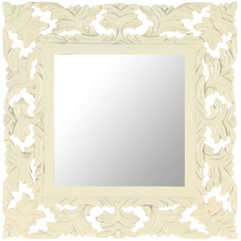 Miroir sculpté à la main  Miroir déco pour Salle de bain Salon Chambre ou Dressing Blanc 50x50 cm Bois de manguier massif 88461