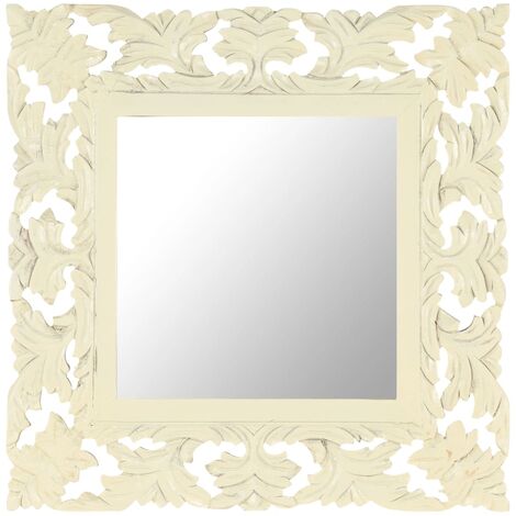 Miroir sculpté à la main，Miroir décoratif，Miroir artisanal Blanc 50x50 cm Bois de manguier massif DYHB516290