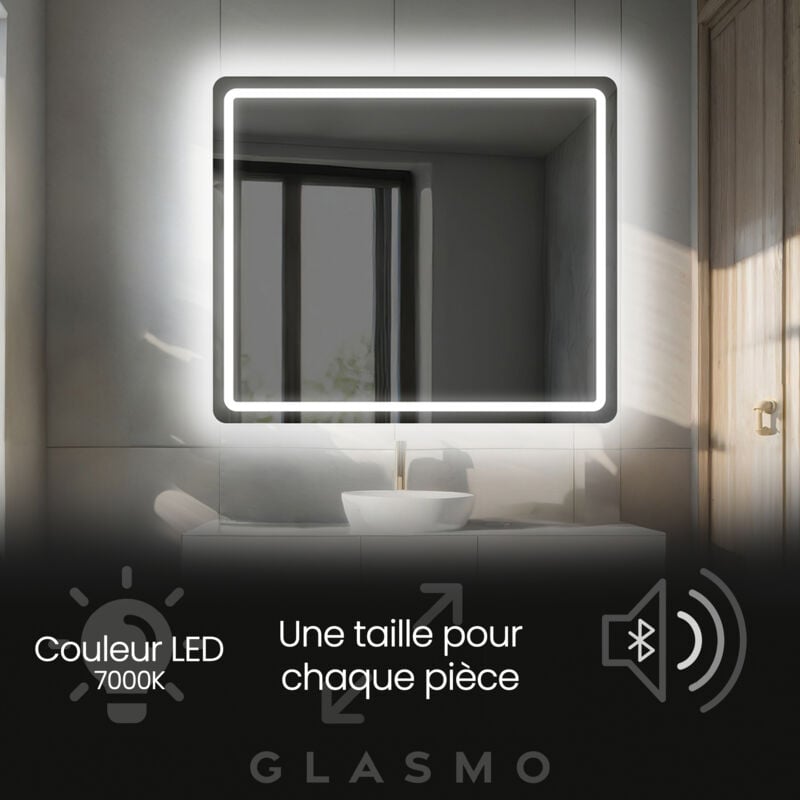 Miroir lumineux de salle de bain 70x50 cm Siena - Horizontal Arrondi Moderne Miroir avec LED Illumination - Blanc Froid 7000 K avec Haut Parleur