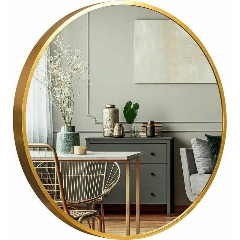 Miroir simple de salle de bain,Miroir Mural, Rond, avec Cadre en Aluminium - Doré 60cm Miroir revêtue de téflon, résistante à l'humidité Cadre de