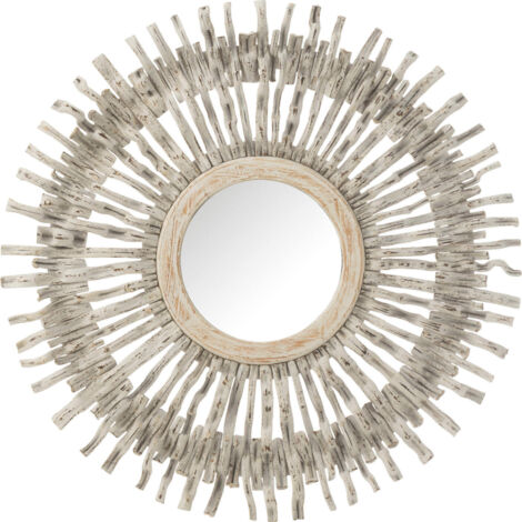 Miroir soleil rond en bois blanc lavé style bohème chic - Blanc patiné bois naturel