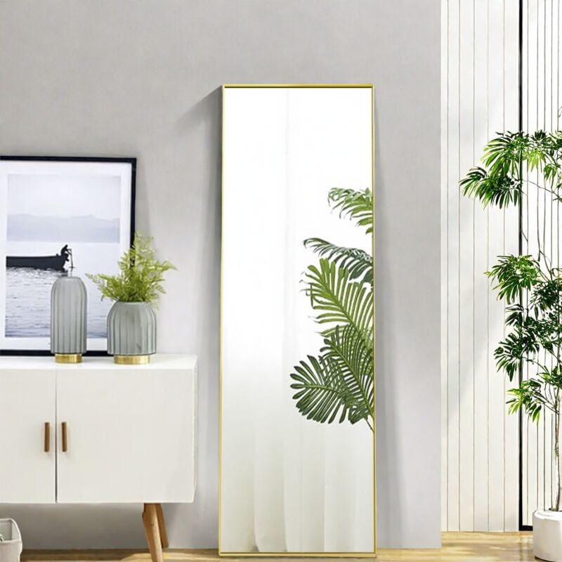 Miroir sur pied 150x40 cm, miroir de sol suspendu ou mural sur toute la longueur, avec cadre en aluminium pour salon, chambre ou salle de bain - Noir