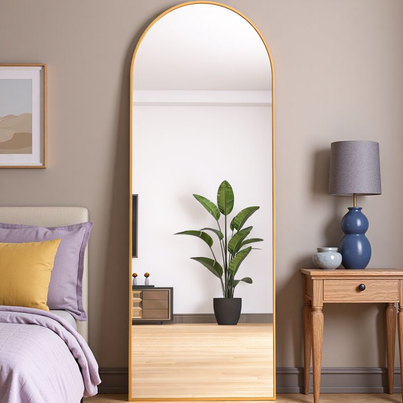 Miroir sur pied 165x60 cm, miroir de sol arqué suspendu ou mural avec cadre en métal pour salon, chambre ou salle de bain - Doré