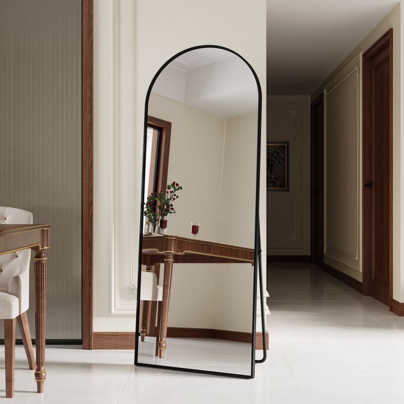 Miroir sur pied 165x60 cm, miroir de sol arqué suspendu ou mural avec cadre en métal pour salon, chambre ou salle de bain - Noir