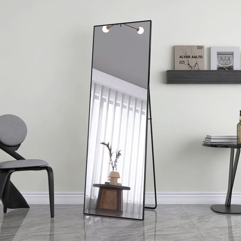 Miroir sur pied 162x53 cm, miroir de sol suspendu ou mural sur toute la longueur, avec cadre en métal pour salon, chambre ou salle de bain - Noir