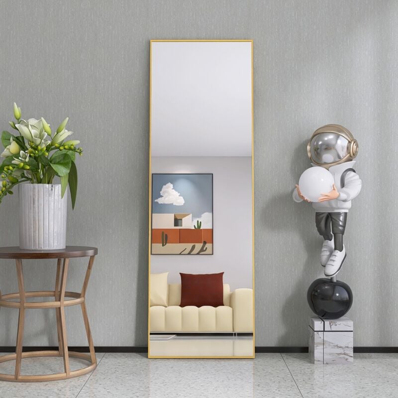 Miroir sur pied 162x53 cm, miroir de sol suspendu ou mural sur toute la longueur, avec cadre en métal pour salon, chambre ou salle de bain - Doré