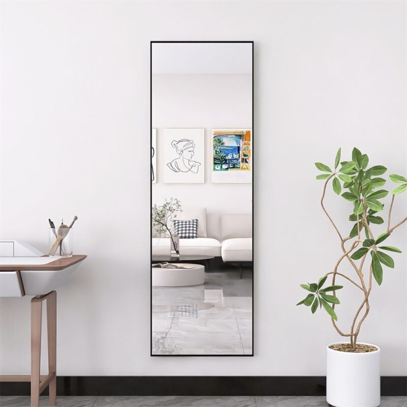 Miroir sur pied 165x60 cm, miroir de sol suspendu ou mural sur toute la longueur, avec cadre en métal pour salon, chambre ou salle de bain - Noir