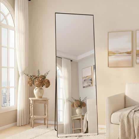 Miroir sur Pied 165x60 cm, Miroir de Sol rectangulaire Pleine Longueur, Miroir Mural à Suspendre ou à Poser, avec Cadre en Aluminium Noir, pour Salle de Bain, Chambre, Entrée, Noir