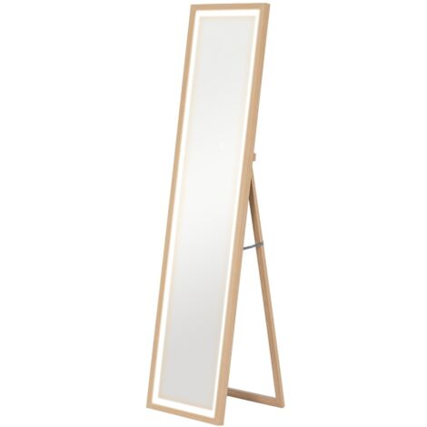 Miroir sur pied 40 x 160 cm avec éclairage LED (3 couleurs), commande tactile, idéal pour chambre ou salon, finition chêne.