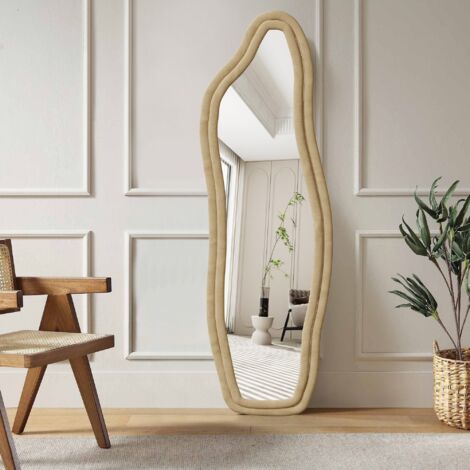 TANANT Miroir sur pied asymétrique 140x45 cm - Miroir sur pied pleine longueur, cadres en velours de tissu, cadre robuste avec aluminium - fixation murale ou sur pied possible, Doré