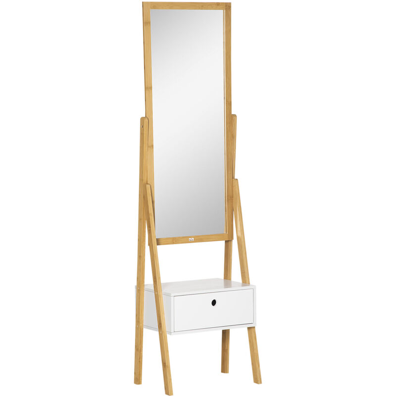 Homcom - Miroir sur pied avec rangement tiroir en bambou et mdf - dim. 45L x 30l x 160H cm - blanc et naturel