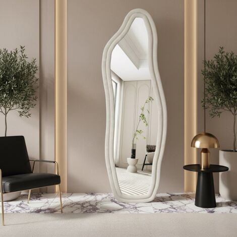FORTUNA LAI Miroir sur Pied Design Vague 160x50 cm - Grand Miroir Pleine Longueur Irrégulier avec Cadre en Velours Doux - Mural ou Autoportant Antidéflagrant - Blanc