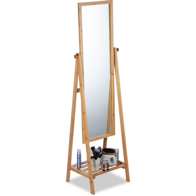 Miroir sur pied en bambou, inclinlable, étagère, Glace salle de bain, dressing, HxLxP : 160x40x36 cm, nature - Relaxdays