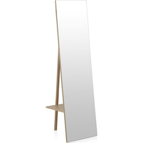 Miroir sur pied en bois naturel avec étagère pratique - bois naturel clair et verre transparent