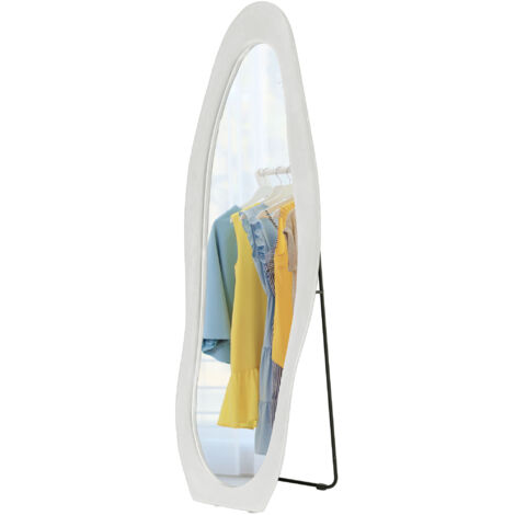Miroir sur pied, forme ondulée, 160 x 50 cm, cadre recouvert de velours, blanc, pour chambre ou salon