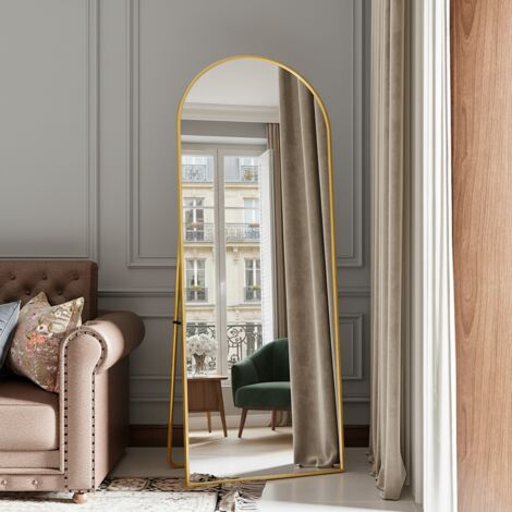 Miroir sur pied, Grand Miroir pleine longueur, 165x60 cm, trempé haute définition, cadre alliage d'aluminium, couche protectrice incassable - Doré