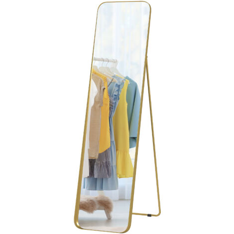 Miroir sur pied, inclinable, cadre en métal, MDF, 160 x 40 cm, couleur or