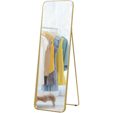 Miroir sur pied, inclinable, cadre en métal, MDF, 160 x 50 cm, couleur or