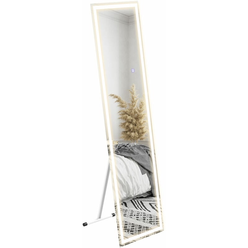 Homcom - Miroir sur pied ou mural rectangulaire grande taille led tactile dim. 40L x 50l x 148H cm verre métal blanc