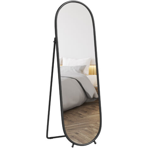Miroir sur pied ovale 40x160 cm, cadre métal noir, grand miroir pour entrée, chambre, dressing, support stable, design moderne, idéal pour se préparer.