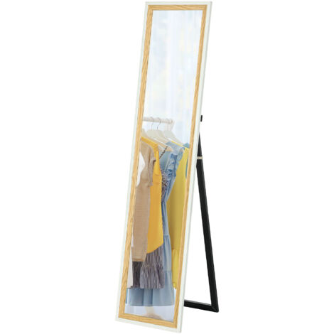 Miroir sur pied pleine longueur 157x37 cm blanc, cadre effet bois, montage sol, suspendu ou adossé